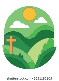 Christian Cross on Green Hills Landscape with Sun and Clouds in Paper Cut Style