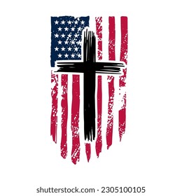 Christian cross on grunge american flag. Vector illustration