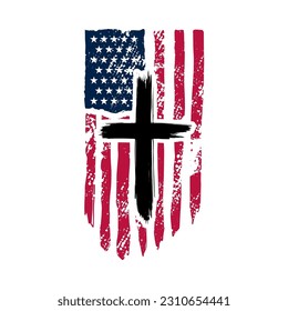 Christian cross on grunge american flag. Vector illustration