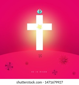 Christian cross on hill with flowers . Creative modern religious minimalistic concept. Colorful vector illustration. Background for greeting card, banner, cover.