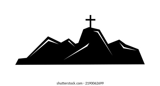 Christian cross on the mountain. Cross on a mountain in black color. Beautiful mountain and Christian cross. Vector illustration