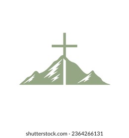 Cruz cristiana en un ícono de montaña. Marca del logo de la iglesia. Símbolo religioso. Ilustración vectorial.