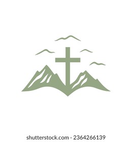 Christian cross on mountain icon. Church logo mark. Religious symbol. Vector illustration.