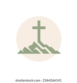 Christian cross on mountain icon. Church logo mark. Religious symbol. Vector illustration.