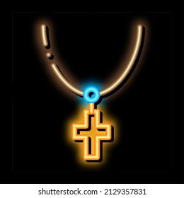 christian cross on neck neon light sign vector. Glowing bright icon christian cross on neck sign. transparent symbol illustration