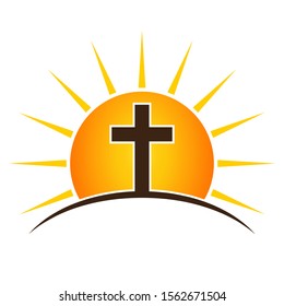 Christian cross on a sun background. Vector illustration. Church logo. Christian cross icon