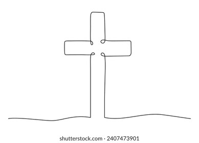 Christian cross one continuous line vector illustration isolated on transparent background. Faith, religion, hope rescue concept. Minimal Easter element