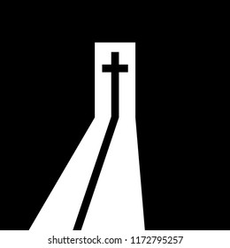 Christian cross in the open door. Christian symbol. Way from the darkness to the light, to belief, to salvation. Vector illustration.