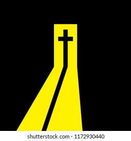 Christian cross in the open door. Christian symbol. Way from the darkness to the light, to belief, to salvation. Vector illustration.