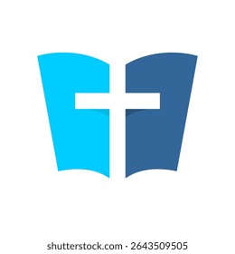 Christian cross with open holy bible color logo. Religion church symbol