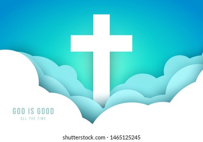 Christian cross over clouds in minimal trendy geometric paper cut style. Creative modern religious concept. Colorful vector illustration. Background for greeting card, banner, cover.