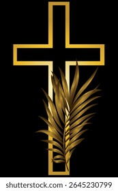 Christian cross and a palm branch with a golden gradient on a  black background .Isolated, close-up.Design element