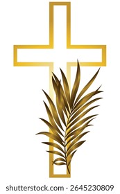 Christian cross and a palm branch with a golden gradient on a white background .Isolated, close-up.Design element