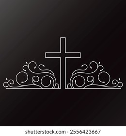 Christian cross with pattern curl branches leaves