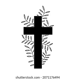 Christian cross with plant. Cross with flowers. Black design of christian cross with branch. Vector illustration