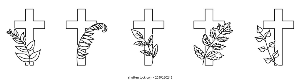 Christian cross with plant. Cross with flowers. Linear design of christian cross with branch. Vector illustration