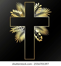 Christian cross with plant leaves, golden christian symbol of faith