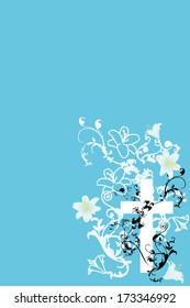 christian cross and plant  and lily on blue background