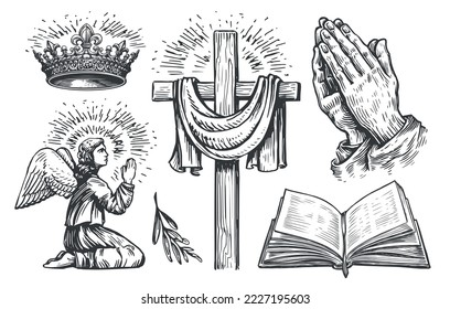 Christian cross, Praying angel, open Holy Bible, Hands in prayer, Crown of the king of God. Religion concept, symbols