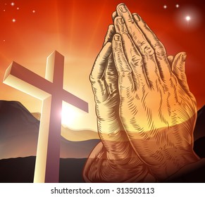 Christian cross and praying hands