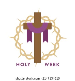 Christian Cross With Purple Fabric And Crown Of Thorns. Holy Week. Vector Illustration, Flat Design