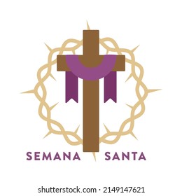 Christian cross with purple fabric and Crown of thorns. Holy Week in Spanish. Semana Santa. Vector illustration, flat design