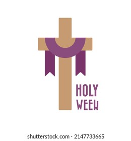 Christian cross with purple fabric. Holy Week. Vector illustration, flat design