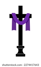 Christian cross with purple fabric icon. Holy Week symbol. Flat vector illustration