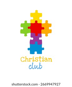Cruz cristã como um jogo de quebra-cabeças. Símbolo criativo. O conceito de ministério educacional ou especial. Design de logotipo da escola dominical. Gráfico de camiseta. Merch ideia. Ícone positivo.