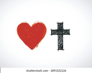 Christian cross and red heart on white background. Symbols of christianity and love.