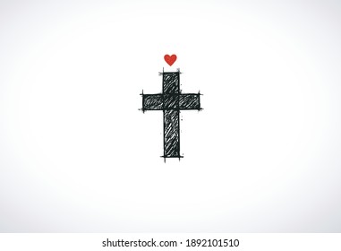 Christian cross and red heart on white background