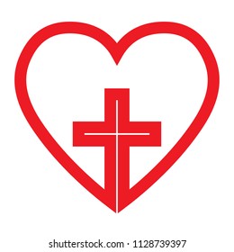 Christian cross in red heart, vector illustration