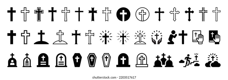 christliche Kreuzreligionssymbol gesetzt. Kruzifix, Bibel, Zahler, Tod und Sarg-Symbol Vektorgrafik Sammlung.