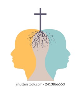 Christian cross rooted in heads. Christianity concept illustration.