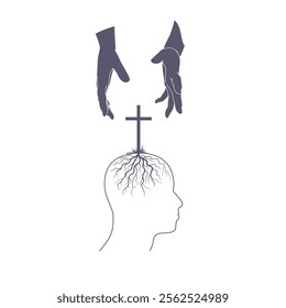 Christian cross rooted in male head. Giving hands. Christianity concept illustration.