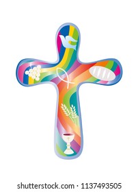 Christian cross rounded with Christian symbols on colorful rainbow background