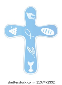 Christian cross rounded with Christian symbols. Religious vector sign