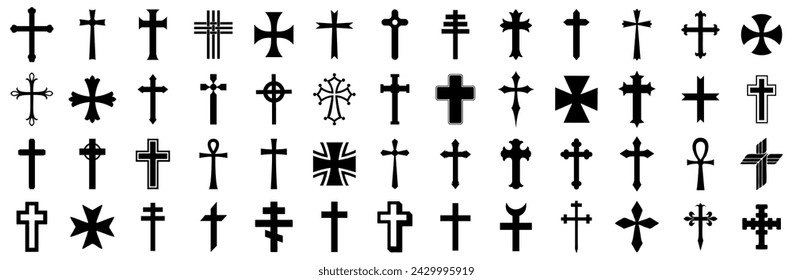 Christian cross set. Abstract religious cross icon collection. Set of cross icons for religion. Cross shape collection