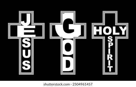 christian cross set god jesus and holy spirit for icon decoration object element tattoo on black background. vector and illustration