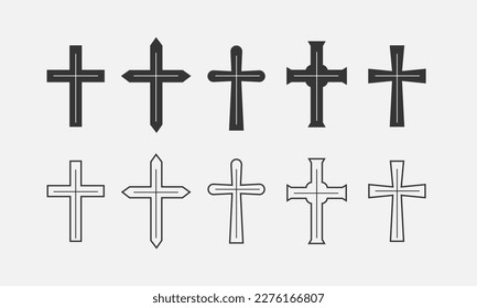 Christian cross set. Line icon symbols of church. Catholic, orthodox and cross crucifix.