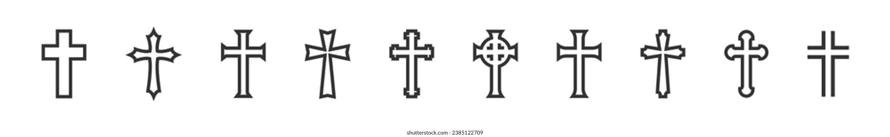 Icono de línea cruzada cristiana. Colección de iconos negros y de línea de crucifijo de religión.  Ilustración vectorial aislada