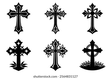 Christian Cross set silhouette illustration. Religious icon collection