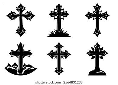 Christian Cross set silhouette illustration. Religious icon collection