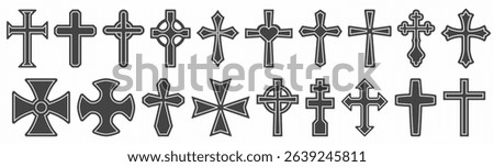 Christian cross. Set of vector religious symbols. Holy Catholic and Orthodox crosses in different design. Church symbol of religion and faith. Vector collection.