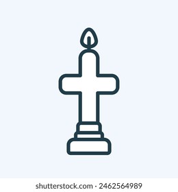 Christian cross shaped candle on a holder line icon. Flat outline pictogram with editable stroke. Symbol of mourning, memory, religious event, prayer, Faith in God. For web design, mobile app. Vector