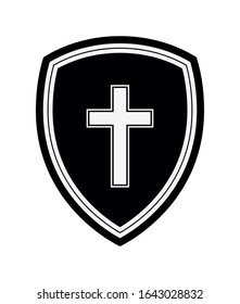 Christian Cross and Shield of Faith. Church Logo. Religious Symbol. Creative Christian Icon. Protection, Safety, Security Sign. Black and White