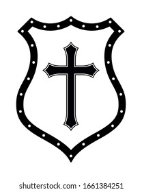 Christian Cross and Shield of Faith. Church Logo. Religious Symbol. Creative Christian Icon. Protection, Safety, Security Sign. Black and White