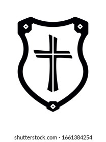 Christian Cross and Shield of Faith. Church Logo. Religious Symbol. Creative Christian Icon. Protection, Safety, Security Sign. Black and White