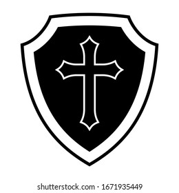 Christian Cross and Shield of Faith. Church Logo. Religious Symbol. Creative Christian Icon. Protection, Safety, Security Sign. Black and White