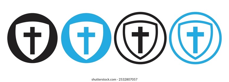 Christian Cross and Shield of Faith. Medical health protection shield cross icons vector set. Health insurance icon, Insurance health, medical health protection shield concept. Shield vector icon. 
